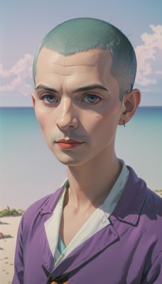 solo,looking at viewer,short hair,blue eyes,shirt,1boy,jewelry,closed mouth,jacket,white shirt,upper body,grey hair,male focus,earrings,outdoors,green hair,sky,day,collared shirt,cloud,blue sky,lips,grey eyes,facial hair,ocean,beach,portrait,freckles,realistic,horizon,purple jacket,very short hair,sunglasses