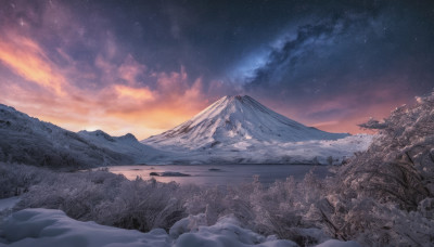 outdoors, sky, cloud, tree, no humans, night, star (sky), nature, night sky, scenery, snow, starry sky, sunset, mountain, landscape