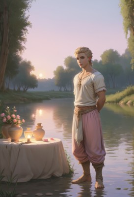 1girl,solo,looking at viewer,smile,short hair,blue eyes,blonde hair,shirt,1boy,jewelry,closed mouth,standing,collarbone,full body,white shirt,flower,short sleeves,male focus,earrings,outdoors,sky,day,pants,water,necklace,tree,lips,sash,arms behind back,sandals,table,sunlight,grass,plant,nature,scenery,pink flower,wading,pendant,forest,backlighting,reflection,sunset,sun,pink rose,hair slicked back,river,baggy pants,lake,standing on liquid,pond,tablecloth,green eyes,artist name,freckles,lantern,candle,twilight,vase,toeless footwear