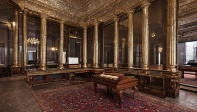 day,artist name,indoors,signature,no humans,window,chair,table,sunlight,scenery,light rays,wooden floor,stairs,door,light,lamp,candle,architecture,pillar,painting (object),carpet,candlestand,rug,reflective floor,chandelier,piano