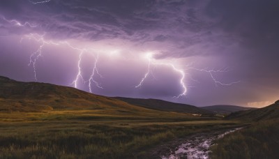 outdoors,sky,cloud,water,no humans,cloudy sky,grass,nature,scenery,mountain,horizon,electricity,field,river,lightning,landscape,mountainous horizon,hill,purple sky,ocean