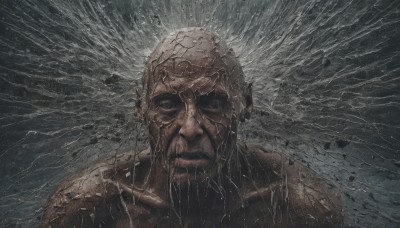 solo,looking at viewer,1boy,closed mouth,upper body,male focus,armor,facial hair,helmet,portrait,science fiction,realistic,crack,broken glass,scar,rain,old