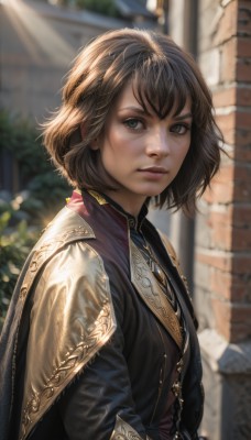 1girl,solo,looking at viewer,short hair,bangs,brown hair,brown eyes,jewelry,closed mouth,upper body,outdoors,day,cape,armor,blurry,from side,lips,grey eyes,depth of field,blurry background,freckles,realistic,nose,dress,parted lips,necklace,sunlight,brick wall