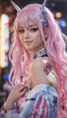 1girl,solo,long hair,breasts,looking at viewer,smile,bangs,blue eyes,hair ornament,bare shoulders,jewelry,upper body,pink hair,earrings,detached sleeves,blurry,lips,tattoo,depth of field,blurry background,headgear,wavy hair,ring,gem,realistic,nose,closed mouth,horns,choker,artist name,necklace,bracelet,from side,hand on own chest,bokeh