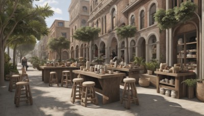 outdoors,sky,day,cloud,tree,cup,blue sky,no humans,window,shadow,chair,table,sunlight,bottle,plant,building,scenery,alcohol,drinking glass,palm tree,door,basket,potted plant,wine glass,house,stool,wine,wine bottle,bar (place),counter,cafe,food,multiple boys,fantasy,architecture,jar,arch,barrel