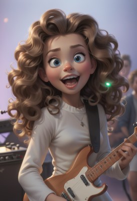 1girl,long hair,breasts,looking at viewer,blush,smile,open mouth,blue eyes,brown hair,shirt,long sleeves,holding,jewelry,white shirt,upper body,:d,small breasts,teeth,solo focus,necklace,blurry,lips,eyelashes,blurry background,fangs,wavy hair,happy,instrument,forehead,backlighting,freckles,curly hair,nose,music,guitar,playing instrument,holding instrument,electric guitar,plectrum,multiple boys,sweater,glowing,thick eyebrows,child,realistic,female child