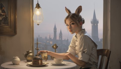 1girl,solo,brown hair,shirt,1boy,holding,animal ears,brown eyes,sitting,closed mouth,white shirt,short sleeves,food,pants,indoors,hood,hair bun,black eyes,apron,cup,lips,window,chair,table,single hair bun,building,plate,sleeves rolled up,teacup,cake,mouse ears,candle,teapot,saucer,painting (object),tablecloth,looking at viewer,short hair,upper body,from side,scenery,realistic,lamp,castle