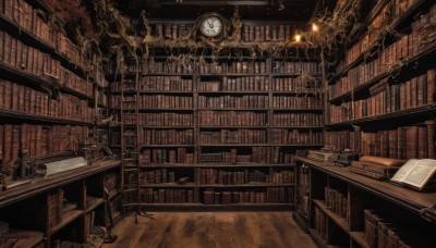 indoors,book,dutch angle,no humans,chair,table,scenery,open book,clock,bookshelf,lamp,candle,book stack,gears,library,ladder,quill,chandelier,globe,voile,solo,paper,fantasy,magic,too many