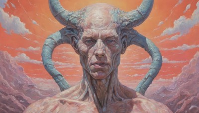 solo,looking at viewer,blue eyes,1boy,male focus,outdoors,horns,sky,teeth,cloud,lips,cloudy sky,portrait,scenery,science fiction,veins,sunset,mountain,realistic,bald,alien,red sky,upper body,demon horns,orange sky