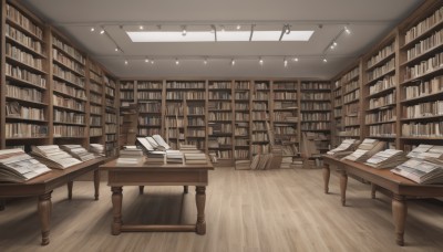 indoors,book,no humans,chair,table,scenery,desk,wooden floor,bookshelf,lamp,shelf,book stack,library,ceiling,ladder,ceiling light