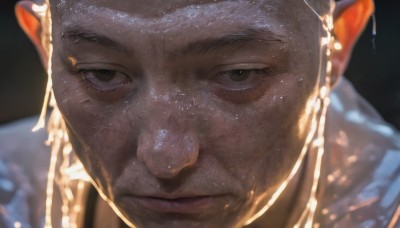 solo,looking at viewer,simple background,1boy,closed mouth,male focus,pointy ears,dark skin,blurry,black eyes,lips,black background,portrait,close-up,realistic,bald,short hair,white hair,grey hair,facial hair,elf,freckles,very short hair