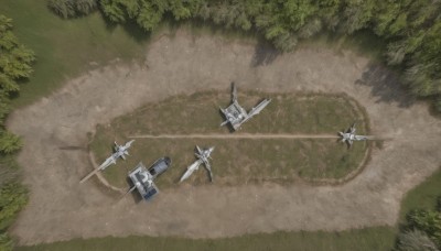 weapon,outdoors,day,tree,gun,military,no humans,from above,grass,nature,scenery,flying,aircraft,military vehicle,airplane,road,bush,vehicle focus,world war ii,jet,signature,spacecraft