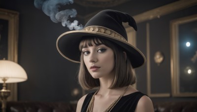 1girl,solo,looking at viewer,short hair,bangs,brown hair,hat,dress,bare shoulders,brown eyes,jewelry,closed mouth,collarbone,upper body,sleeveless,indoors,medium hair,necklace,blurry,black dress,lips,looking to the side,black headwear,makeup,witch hat,depth of field,blurry background,moon,bob cut,portrait,smoke,nose,red lips,witch,lamp,picture frame,blunt bangs,black eyes,eyelashes,window,night,full moon,realistic