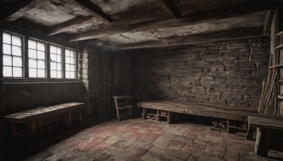 day,indoors,book,no humans,window,chair,table,sunlight,scenery,wooden floor,stairs,door,bookshelf,wall,ruins,brick wall,wooden chair,monochrome,desk,brick