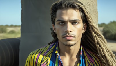 HQ,solo,long hair,looking at viewer,brown hair,shirt,black hair,1boy,brown eyes,jewelry,closed mouth,upper body,male focus,earrings,outdoors,day,striped,collared shirt,blurry,blue sky,lips,blurry background,facial hair,portrait,beard,yellow shirt,striped shirt,realistic,nose,mustache,manly,sky,tree,blue shirt,stubble,stud earrings,hawaiian shirt