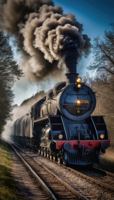 outdoors,multiple boys,sky,day,cloud,tree,military,no humans,ground vehicle,nature,scenery,motor vehicle,forest,smoke,realistic,military vehicle,vehicle focus,train,railroad tracks,grass,damaged,train station