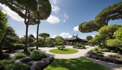 outdoors,sky,day,cloud,water,tree,blue sky,no humans,cloudy sky,grass,building,nature,scenery,forest,rock,road,bush,architecture,east asian architecture,landscape,lily pad,path,pond,river