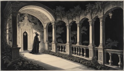 solo,long hair,long sleeves,1boy,hat,holding,standing,monochrome,greyscale,outdoors,indoors,signature,from behind,cape,tree,leaf,grass,crown,plant,scenery,cloak,1other,robe,stairs,facing away,bush,wide shot,pillar,statue,ambiguous gender,arch,column,1girl,short hair,hood,night,border,spot color,multiple others,hooded cloak,2others,black robe