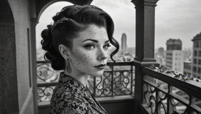 1girl,solo,looking at viewer,dress,jewelry,monochrome,upper body,greyscale,earrings,outdoors,parted lips,hair bun,blurry,from side,lips,makeup,blurry background,single hair bun,lipstick,building,portrait,freckles,city,realistic,railing,window,cityscape,updo,balcony