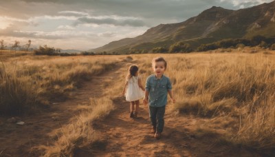 1girl,short hair,brown hair,shirt,black hair,1boy,dress,short sleeves,outdoors,sky,pants,cloud,white dress,tree,holding hands,cloudy sky,grass,child,scenery,walking,female child,field,wide shot,open mouth,bag,blue shirt,mountain,realistic,landscape,hill