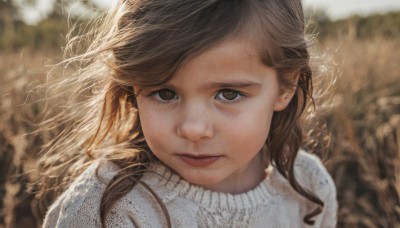 1girl,solo,long hair,looking at viewer,bangs,brown hair,brown eyes,closed mouth,upper body,outdoors,blurry,sweater,lips,depth of field,blurry background,portrait,freckles,realistic,nose,white sweater,eyelashes,turtleneck,expressionless,wind,close-up