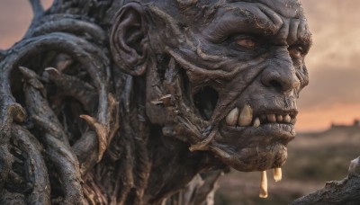 solo,open mouth,outdoors,sky,teeth,blurry,no humans,blurry background,fangs,sharp teeth,monster,realistic,scales,alien,kaijuu,1boy,male focus,cloud,from side,profile,colored skin,cloudy sky,portrait