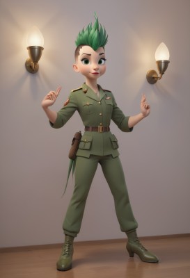 1girl,solo,looking at viewer,smile,short hair,1boy,green eyes,standing,full body,male focus,multicolored hair,boots,green hair,teeth,belt,pants,uniform,two-tone hair,military,military uniform,sleeves rolled up,brown background,pocket,pouch,green jacket,red lips,undercut,belt pouch,green footwear,green pants,mohawk,light bulb,artist name,realistic