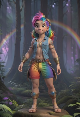 1girl,solo,long hair,breasts,looking at viewer,smile,hair ornament,navel,brown eyes,jewelry,standing,full body,pink hair,purple hair,flower,multicolored hair,earrings,small breasts,outdoors,green hair,open clothes,shorts,belt,hair flower,dark skin,necklace,black eyes,vest,flat chest,bracelet,two-tone hair,dark-skinned female,tree,tattoo,toes,sandals,child,nature,web address,armlet,forest,personification,freckles,hoop earrings,anklet,rainbow,open vest,rainbow hair,shirt,bare shoulders,blue hair,collarbone,parted lips,teeth,sleeveless,day,artist name,mole,blurry,lips,mole under eye,open shirt,no bra,gradient hair,leaf,piercing,sunlight,grass,aged down,feathers,pocket,unbuttoned,breast pocket,bracer,arm tattoo,nose piercing