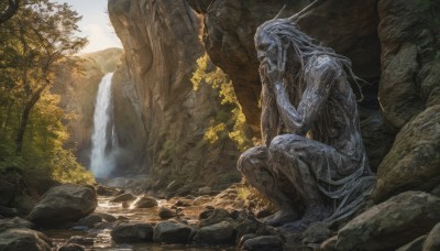 solo,long hair,1boy,sitting,male focus,outdoors,horns,day,water,from side,tree,colored skin,squatting,nature,scenery,forest,rock,river,waterfall,cliff,stream,sky,no humans