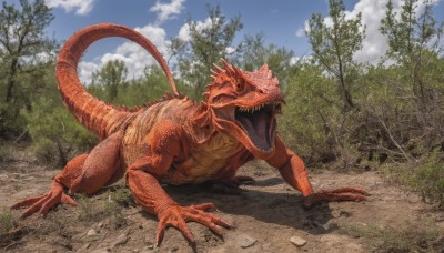 solo,open mouth,red eyes,tail,full body,outdoors,sky,teeth,day,cloud,tree,blue sky,pokemon (creature),no humans,shadow,fangs,cloudy sky,sharp teeth,all fours,nature,claws,forest,monster,realistic,dinosaur,grass