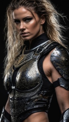 1girl,solo,long hair,looking at viewer,blue eyes,blonde hair,simple background,brown eyes,closed mouth,upper body,midriff,dark skin,armor,lips,black background,shoulder armor,pauldrons,breastplate,realistic,nose,breasts,curly hair