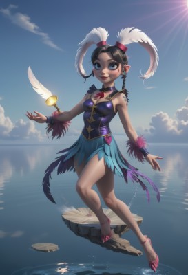 1girl,solo,long hair,breasts,looking at viewer,smile,blue eyes,skirt,black hair,hair ornament,dress,cleavage,bare shoulders,twintails,jewelry,medium breasts,full body,braid,earrings,small breasts,outdoors,sky,shoes,day,pointy ears,cloud,water,twin braids,blue sky,lips,blue skirt,wrist cuffs,makeup,detached collar,ocean,feathers,lipstick,floating,reflection,rock,sun,pink footwear,feather hair ornament,balancing,hat,choker,high heels,tattoo,facial mark