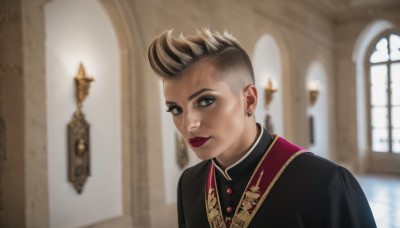 1girl,solo,looking at viewer,smile,short hair,blonde hair,brown hair,black hair,1boy,brown eyes,jewelry,closed mouth,upper body,male focus,multicolored hair,earrings,indoors,blurry,black eyes,two-tone hair,lips,window,makeup,depth of field,blurry background,lipstick,eyeshadow,realistic,red lips,very short hair,undercut,church,priest,grey hair,grey eyes,piercing,ear piercing,portrait,stud earrings,mohawk