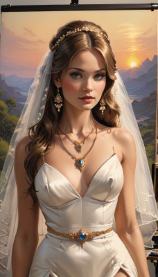 1girl,solo,long hair,breasts,looking at viewer,blue eyes,brown hair,hair ornament,dress,cleavage,bare shoulders,jewelry,medium breasts,collarbone,earrings,outdoors,parted lips,sky,artist name,cloud,signature,necklace,white dress,tree,lips,see-through,strapless,makeup,wavy hair,tiara,gem,veil,strapless dress,breasts apart,side slit,sunset,mountain,wedding dress,realistic,sun,red lips,bridal veil,bride,mountainous horizon,bangs,closed mouth,upper body,flower,sunlight,backlighting