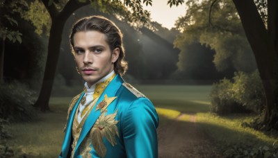 HQ,solo,looking at viewer,blue eyes,brown hair,black hair,1boy,brown eyes,jacket,upper body,male focus,outdoors,day,black eyes,tree,lips,facial hair,sunlight,grass,blue jacket,nature,forest,realistic,short hair,shirt,long sleeves,closed mouth,white shirt,signature,blurry,uniform,vest,buttons,formal,brooch,scenery,light rays,dappled sunlight