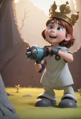 1girl,solo,smile,short hair,open mouth,blue eyes,brown hair,shirt,gloves,holding,standing,full body,weapon,short sleeves,:d,outdoors,shoes,teeth,black gloves,pants,fingerless gloves,black footwear,holding weapon,blurry,tree,gun,grey eyes,upper teeth only,thick eyebrows,grass,crown,child,holding gun,female child,dirty,1boy,male focus,aged down,male child