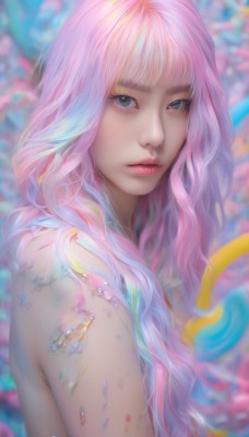 1girl,solo,long hair,looking at viewer,bangs,blue eyes,closed mouth,blue hair,upper body,pink hair,nude,multicolored hair,artist name,blunt bangs,blurry,from side,lips,grey eyes,eyelashes,gradient hair,makeup,blurry background,watermark,wavy hair,web address,eyeshadow,crystal,realistic,nose,expressionless,freckles,pink lips