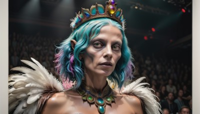 1girl,solo,looking at viewer,short hair,jewelry,closed mouth,green eyes,blue hair,pink hair,multicolored hair,parted lips,solo focus,necklace,blurry,two-tone hair,lips,aqua hair,gradient hair,tiara,feathers,crown,gem,portrait,realistic,crowd,bare shoulders,earrings,green hair,pointy ears