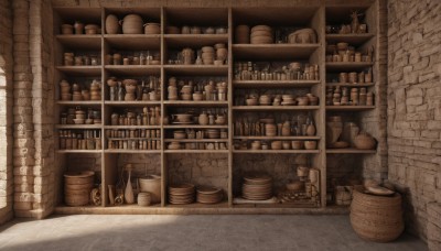 monochrome,indoors,cup,no humans,window,bottle,scenery,basket,brick wall,sepia,shelf,jar,shop,brown theme,barrel,plant,steam,fantasy