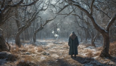 1girl,long sleeves,1boy,standing,white hair,male focus,outdoors,hood,from behind,tree,coat,fur trim,nature,scenery,snow,1other,forest,rock,snowing,facing away,winter,bare tree,ambiguous gender,solo,wings,night,bird,ghost,wide shot