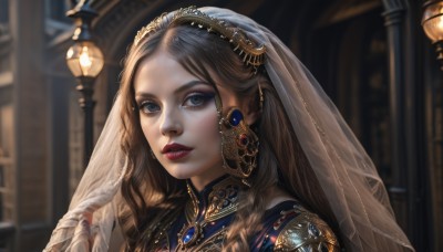 1girl,solo,long hair,looking at viewer,blue eyes,brown hair,hair ornament,jewelry,braid,earrings,parted lips,blurry,twin braids,lips,grey eyes,eyelashes,makeup,depth of field,blurry background,lipstick,brooch,gem,portrait,veil,forehead,freckles,gold trim,realistic,nose,fantasy,red lips,gold,mascara,multiple braids,indoors,eyeshadow