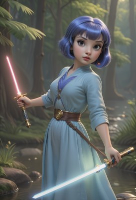 1girl,solo,breasts,looking at viewer,short hair,bangs,dress,holding,jewelry,medium breasts,closed mouth,blue hair,standing,weapon,purple hair,earrings,outdoors,day,belt,sword,artist name,water,holding weapon,blurry,black eyes,tree,lips,makeup,blue dress,glowing,holding sword,bob cut,grass,lipstick,sheath,nature,wading,forest,dual wielding,rock,nose,fantasy,red lips,glowing weapon,energy sword,lightsaber,blue eyes,watermark,web address,realistic