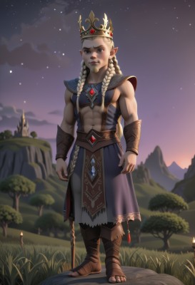 solo,long hair,looking at viewer,blue eyes,blonde hair,1boy,navel,jewelry,standing,full body,braid,male focus,boots,outdoors,sky,pointy ears,armor,twin braids,tree,muscular,night,abs,sandals,grass,crown,elf,star (sky),night sky,starry sky,fantasy,bracer,1girl,lips,brown footwear,gem,nose,muscular female,toeless footwear