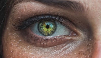 solo,looking at viewer,bangs,1boy,green eyes,yellow eyes,male focus,blurry,eyelashes,close-up,1other,reflection,realistic,eye focus,black hair,light particles,freckles