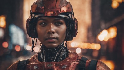 solo,looking at viewer,brown hair,black hair,1boy,brown eyes,closed mouth,upper body,male focus,dark skin,armor,blurry,lips,depth of field,blurry background,helmet,portrait,science fiction,realistic,power armor,1girl,short hair,dark-skinned female,headphones,headset