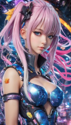 1girl,solo,long hair,breasts,looking at viewer,bangs,blue eyes,hair ornament,cleavage,bare shoulders,twintails,medium breasts,closed mouth,upper body,pink hair,sidelocks,multicolored hair,sleeveless,shiny,blurry,lips,clothing cutout,eyelashes,tattoo,makeup,blurry background,cleavage cutout,armlet,zipper,nose,arm strap,hair between eyes,flower,artist name,signature,armor,side ponytail,petals,floating hair,depth of field,expressionless,wind,armband,light particles,high collar,realistic,arms at sides,strap,city lights