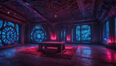 indoors,no humans,window,night,glowing,chair,table,scenery,reflection,fantasy,light,dark,architecture,tile floor,pillar,stained glass,carpet,arch,reflective floor,fire,wooden floor,clock,tiles,candle,floor,hallway