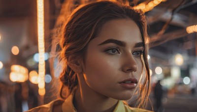 1girl,solo,short hair,brown hair,brown eyes,parted lips,teeth,blurry,lips,looking to the side,grey eyes,depth of field,blurry background,looking away,portrait,freckles,realistic,nose,bokeh,long hair,blue eyes,outdoors,artist name,eyelashes,night,light,looking afar