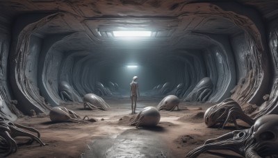 solo,1boy,standing,pants,indoors,from behind,helmet,scenery,1other,science fiction,monster,ruins,wide shot,multiple others,alien,ambiguous gender,spacesuit,astronaut,eldritch abomination,white hair,male focus,bodysuit