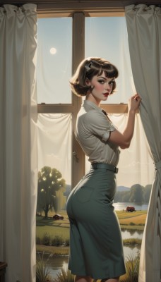 1girl,solo,looking at viewer,blush,short hair,bangs,skirt,brown hair,shirt,hair ornament,brown eyes,standing,white shirt,ass,short sleeves,outdoors,parted lips,sky,day,hairclip,collared shirt,belt,looking back,artist name,indoors,water,from side,tree,lips,blue skirt,window,makeup,feet out of frame,bird,grass,lipstick,curtains,green skirt,backlighting,freckles,reflection,long skirt,sun,red lips,shirt tucked in,lake,curtain grab,smile,looking to the side,ground vehicle,motor vehicle,realistic,nose